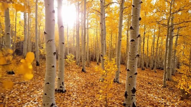 Golden Aspen Trees in Autumn Forest with Sunlight