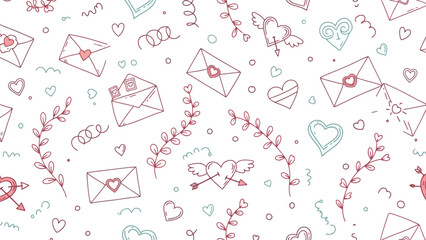 Hand Drawn Valentines Day Love Letters and Hearts Seamless Pattern.