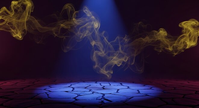 Mystical golden smoke ascending over a fractured platform, bathed in light