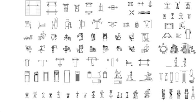 Comprehensive technical architectural vector set of gym equipment icons, including workout machines and cardio silhouettes.
