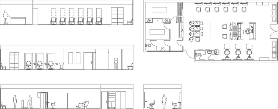 Technical architectural vector of a hair salon layout, featuring top-view floor plans and side elevation of styling stations.