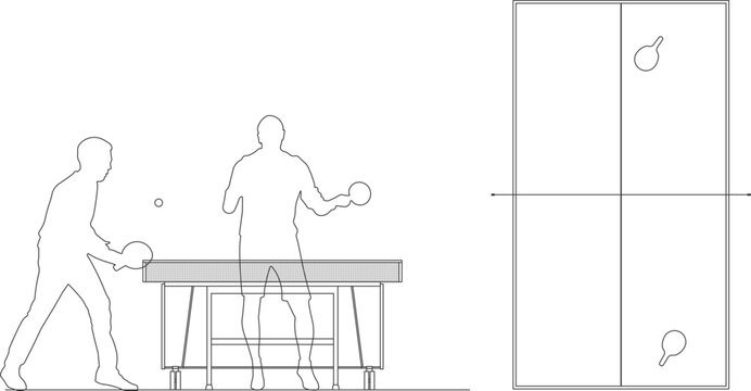 Technical architectural vector of a table tennis set, featuring a top-view layout and side elevation with player silhouettes.
