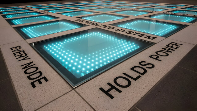 Imagine a futuristic cityscape with glowing, interconnected tiles symbolizing the power of distributed systems and the importance of every node in the network. - Powered by Adobe