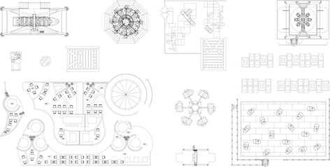 Technical architectural vector collection of amusement park ride layouts, floor plans for cafes, and recreational facilities.