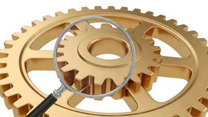 Magnifying Glass Examining Golden Cogwheel Mechanism.