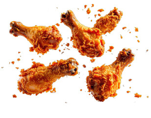 Four pieces of crispy, golden-brown fried chicken drumsticks on a black background