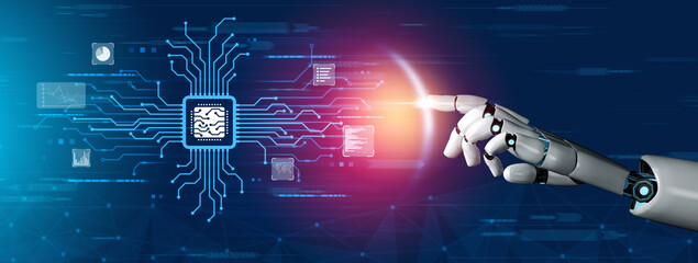 Fototapeta na wymiar AI Assistant Brain Processor with LLM Technology, Big Data, Machine Learning, Generative AI for Business Support, Future Agentic AI Technology and Artificial Intelligence Prompt Engineering. Vouch