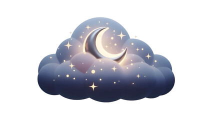 Crescent Moon and Stars in Cloud.
