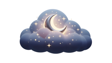 Crescent Moon and Stars in Cloud.