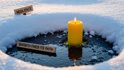 As the candle burns brightly, warmth finds its path, melting the snow, symbolizing resilience, hope, and the power of overcoming adversity now.