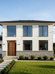 Fototapeta premium Modern two-story house with stone foundation and manicured lawn design