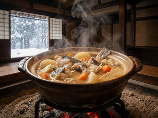 雪降る冬の日に囲炉裏で煮込まれる、湯気の立つ津軽の郷土料理じゃっぱ汁