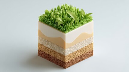 Cube of Soil Layers with Green Grass on Top in a White Background under Soft Lighting