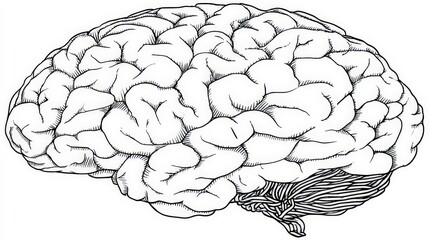 Detailed Anatomical Illustration of Human Brain in Profile View Black and White