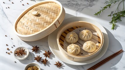 Steamed Dragon Shaped Dumplings in Bamboo Baskets
