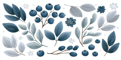 Watercolor Botanical Arrangement Featuring Berries And Foliage In Shades Of Blue And Gray Against White Background