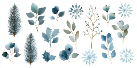 Watercolor Botanical Elements Collection In Blue And Gold Tones On White Background