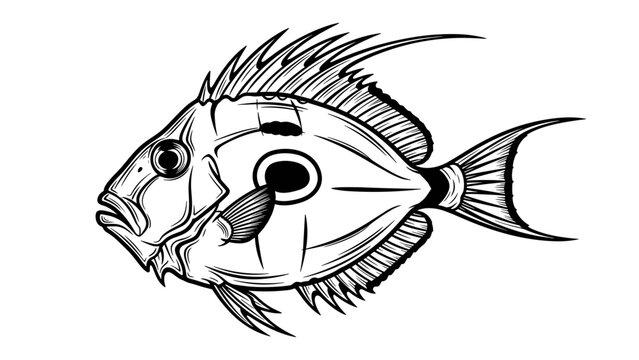 Monochrome JOHN DORY fish illustration, ink painting style. Detailed JOHN DORY fish artwork shows intricate fins, prominent spot, and unique body profile.