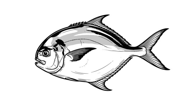 Golden Pompano fish depicted in monochrome ink painting style as an isolated illustration. This detailed Golden Pompano fish artwork shows aquatic animal with distinctive fins and body shape.