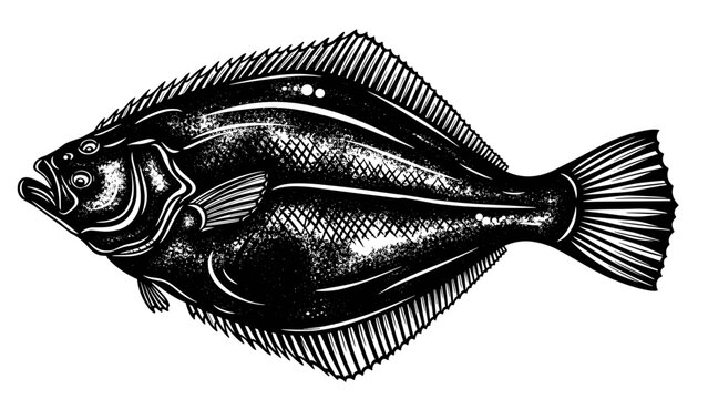 Monochrome ink painting of flounder fish isolated, detailed illustration showing scales, fin structure. Stylized flounder fish graphic for seafood menus, marine education, ocean branding.