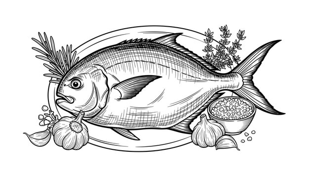 Monochrome line art drawing of golden pompano on plate, adorned with fragrant herbs. Detailed golden pompano shows whole fish, garlic cloves, fresh rosemary.