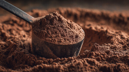 Extreme close-up of a measuring scoop partially buried in chocolate whey powder. Protein supplement texture filling the entire frame.