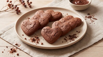 Fototapeta premium Chocolate Heart Shaped Cookies on Ceramic Plate with Chocolate Sauce
