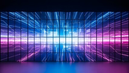 A large digital screen wall displaying abstract blue and purple light rays and data streams, creating a futuristic and dynamic visual effect.