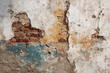 Weathered wall with cracked plaster revealing bricks underneath, showcasing layers of peeling paint and texture, creating a rustic and vintage atmosphere for design purposes