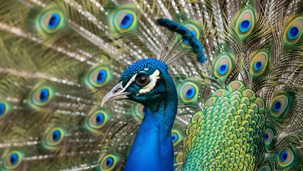 A majestic peacock displaying its iridescent blue and green plumage with its elaborate fanned tail feathers.