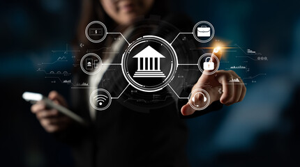 A concept of digital banking and online financial technology (FinTech) services. A central platform for secure transactions, support, and business finance. Motif