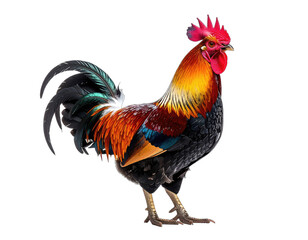A vibrant, colorful rooster with striking plumage stands in profile against a black background