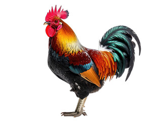A vibrant, colorful rooster with striking plumage, a prominent comb, and detailed feathers
