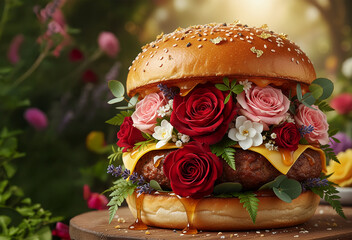 burger filled with colorful roses and foliage, substituting traditional ingredients