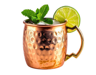 Copper mug with a refreshing cocktail featuring mint, ice, and lime garnish