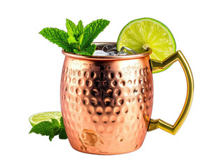 A refreshing beverage, served in a copper mug, garnished with mint and lime slices