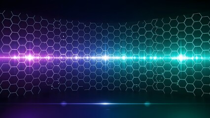 Futuristic hexagonal grid background with a vibrant horizontal light beam transitioning from purple to blue and green, creating a dynamic digital effect.