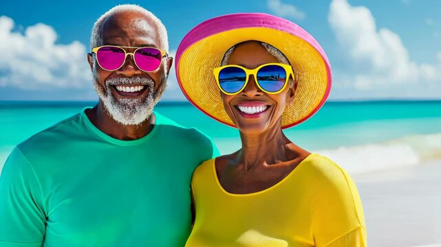Beach Day Bliss: A vibrant elderly couple shares a joyous moment, radiant in the warmth of the sun and the breathtaking beauty of the beach. Their smiles reflect a deep bond and a zest for life.
