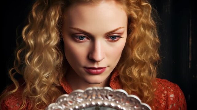 Introspection's Gaze: A captivating woman with flowing, fiery hair and a contemplative expression gazes into a silver mirror, reflecting a moment of profound reflection.