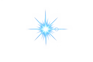 Blue glowing star transforming into a light source with rays, bright shine effect and a transparent background