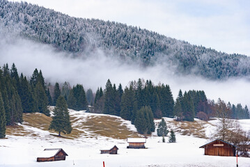 Traditional mountain wooden huts on a snowy meadow at the foot of a forested slope shrouded in freezing fog on a winter day