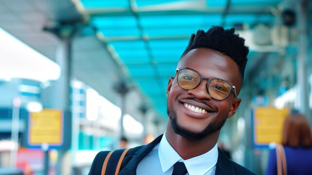 Smiling Professional: A well-dressed, confident individual, sporting stylish glasses and a bright smile, beams with charm and professionalism in a vibrant urban environment.