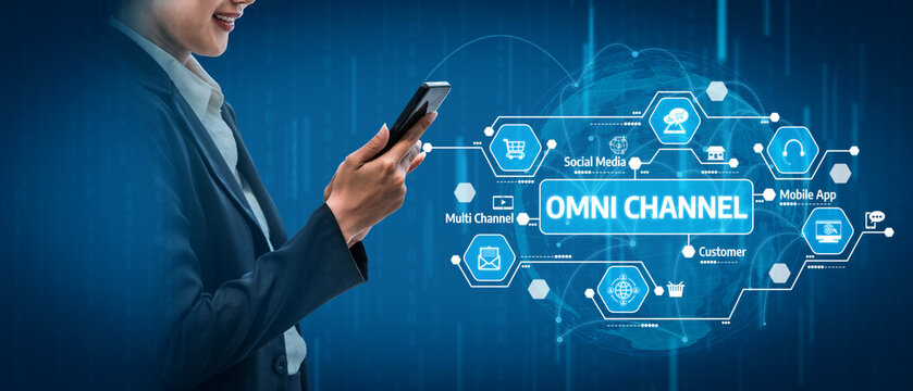 A business professional engages with a smartphone while surrounded by digital marketing icons showcasing omni-channel strategies for enhanced customer communication and interaction. Tessel - Powered by Adobe