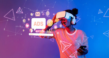 A vibrant scene showcasing a person using a VR headset while interacting with virtual ads and digital elements, illustrating the future of advertising in a colorful environment. XDMCP