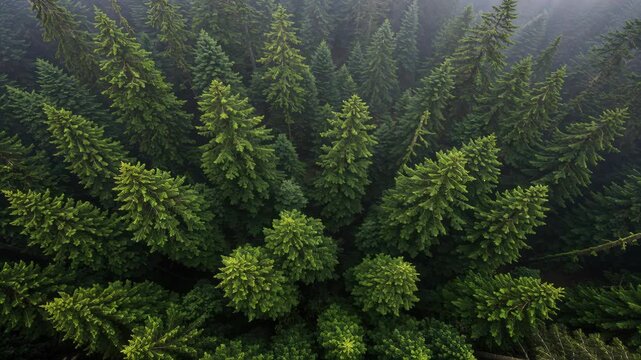 Aerial View of Majestic Forest: An awe-inspiring aerial perspective unveils a sprawling forest canopy, with vibrant green trees creating a stunning natural pattern.