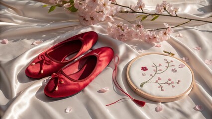 Elegant Red Satin Slippers and Cherry Blossom Embroidery Art