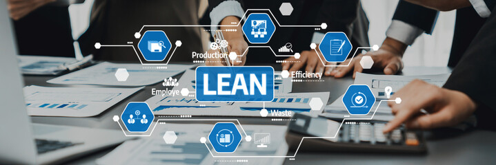 Panoramic shot business people analyze dashboard paper and financial report use calculator calculating profit and budget. Analysis using BI data science for strategic business marketing. Prodigy Amity