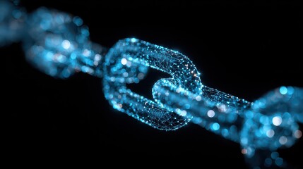 Abstract Digital Chain Structure Displayed Against Dark Background Illuminated By Glowing Particles