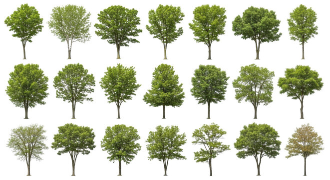 Collection of 27 botanically distinct, ultra-realistic deciduous trees with varied leaf shapes, canopy, and trunk forms, some green, some autumn, on a transparent background for graphic design concept