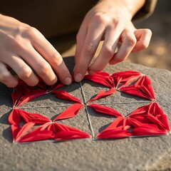Creative arrangement of red flower petals into geometrical design process